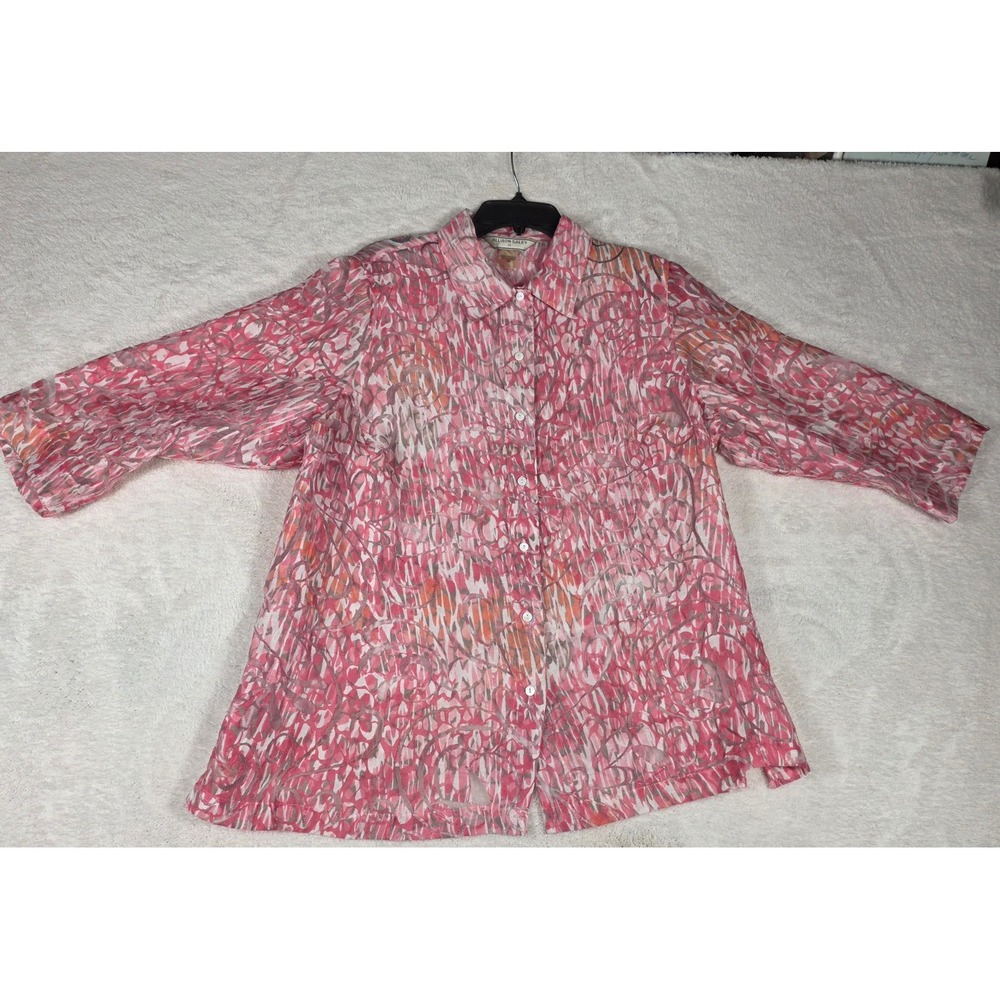 Allison Daley Blouse Women 18W Pink Abstract Button Up Good 3/4 Sleeve Burnout
